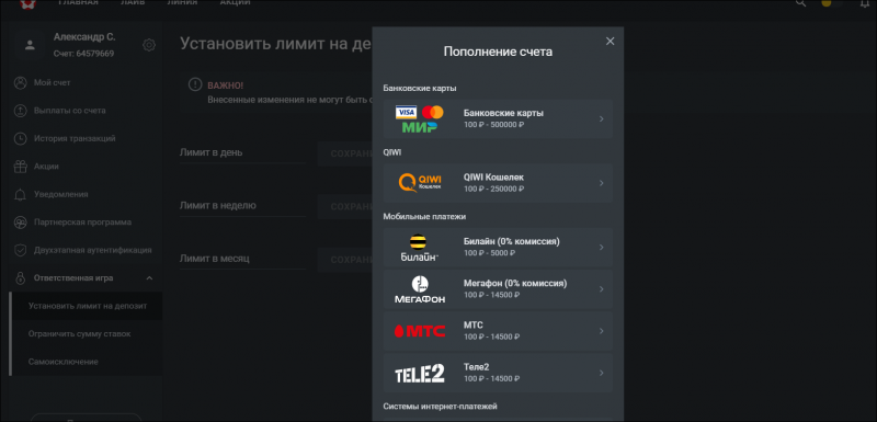 Пополнение и вывод средств со счета в БК Леон