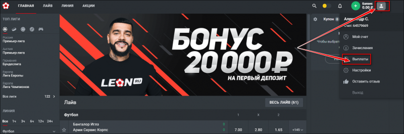 Пополнение и вывод средств со счета в БК Леон